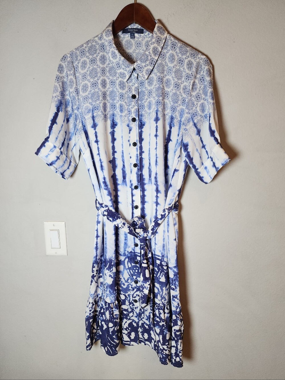 Peter Som Button Up Shirt Dress Belted Blue White Lightweight Women's Size 12